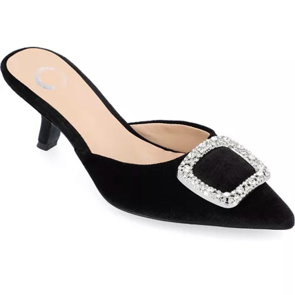 Journee Collection Women's Rishie Ornamented Kitten Heel Velvet Slip On Pumps